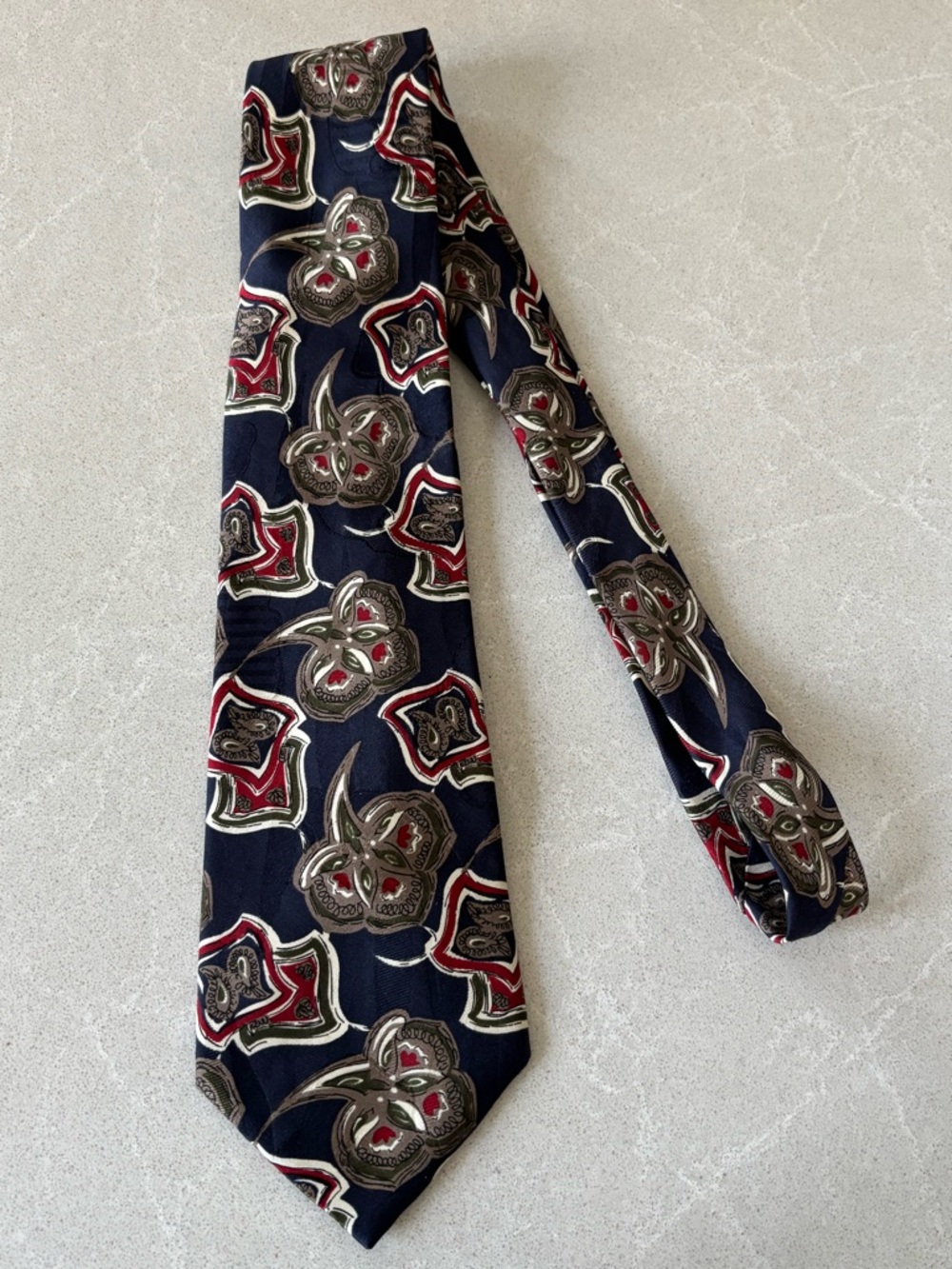 Dion Collection Men's Navy Patterned Silk Tie with Red and Gray Accents